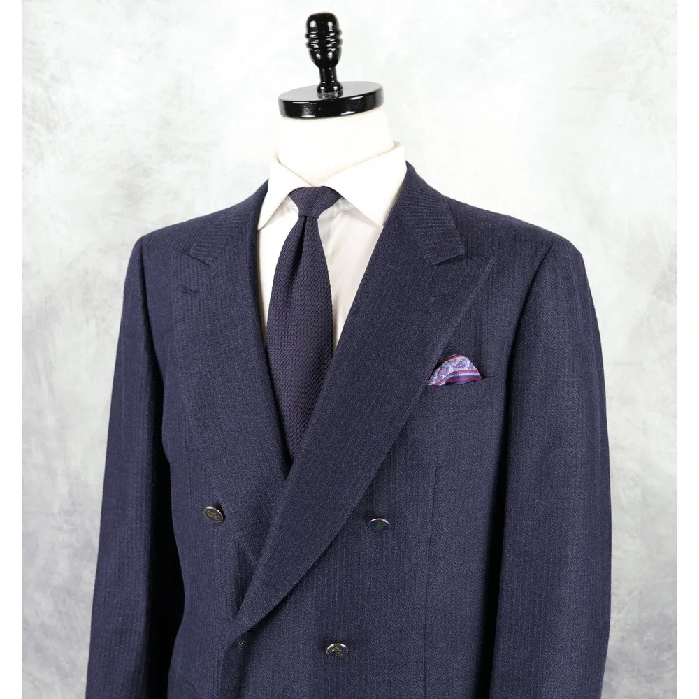 Brioni Blazer Mens 44R Navy Blue Double Breasted Peak Lapel Wool Silk Italy